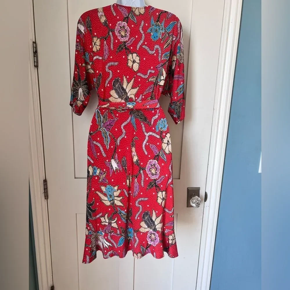 Veronica M Red Floral Wrap Midi Dress Sz XS